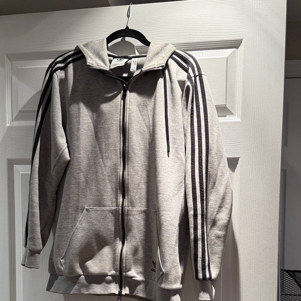Adidas Gray Zip-Up Sweater with Black Stripes